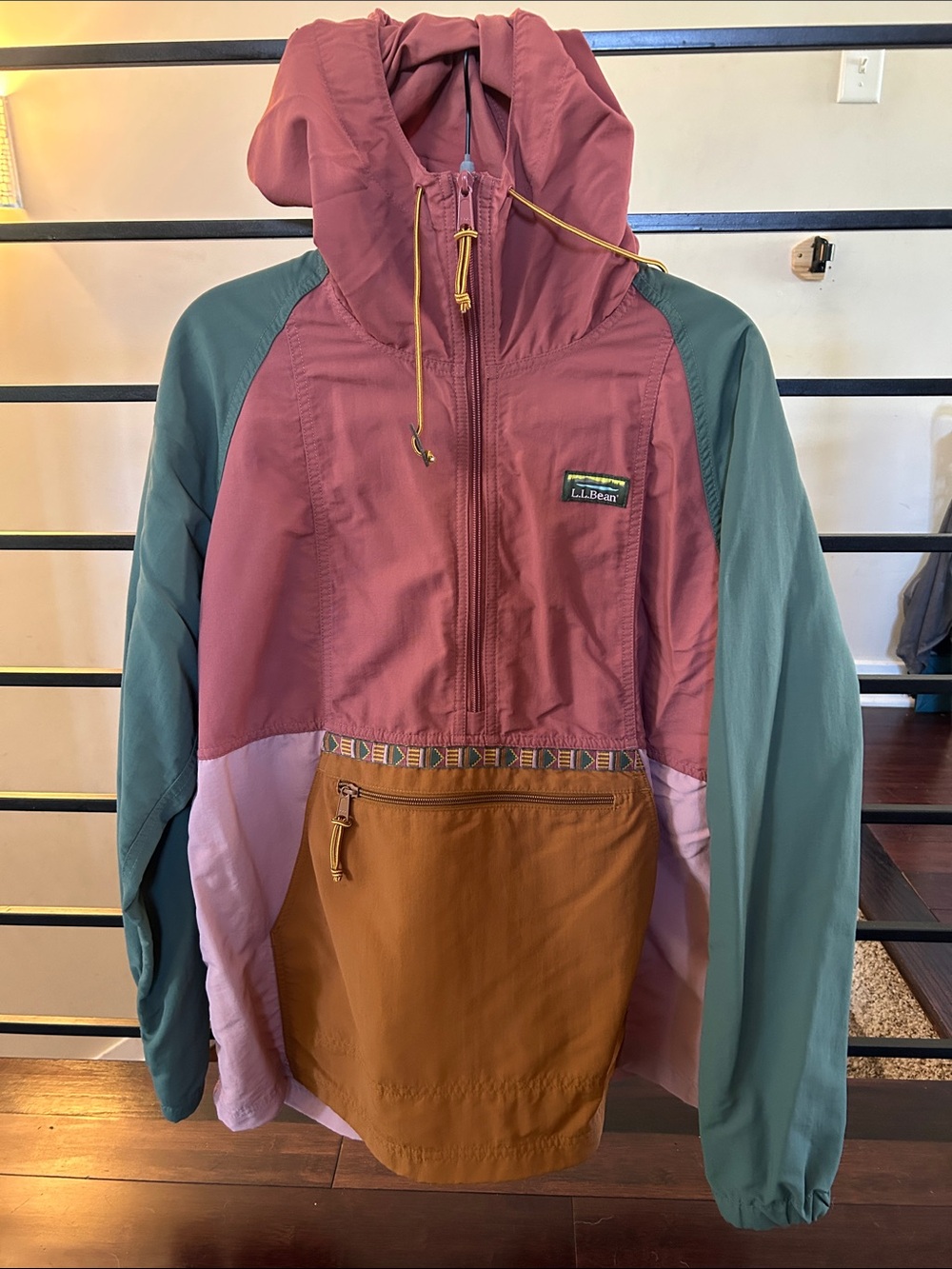 L.L. Bean Colorblock Women’s Hooded Puffer Jacket in Rust, Teal & Pink